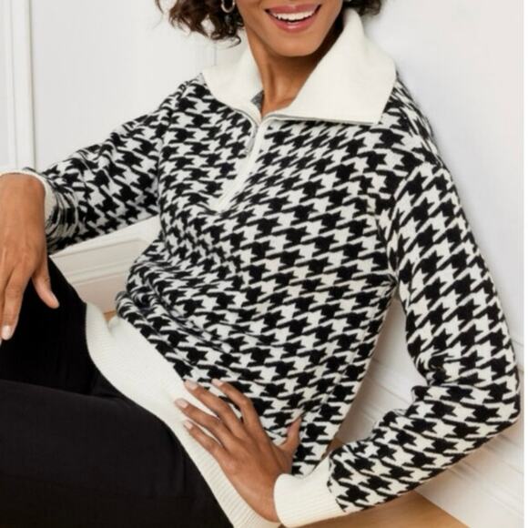 Talbots Quarter Zip Black and White Houndstooth Sweater SZ SP - Picture 1 of 6